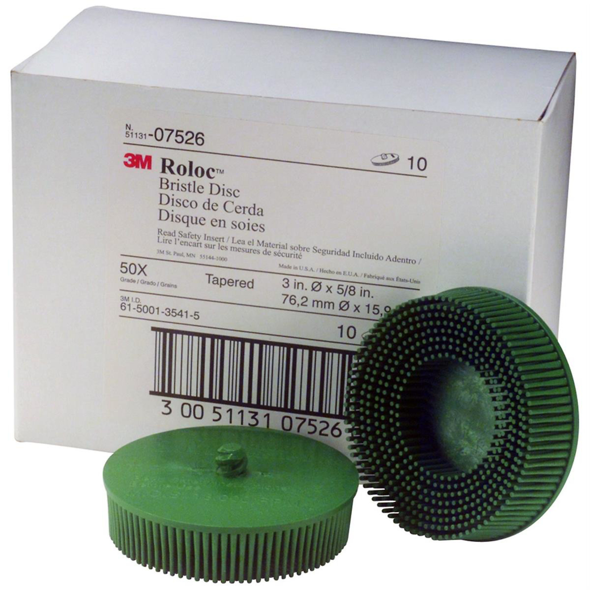 3M Roloc Bristle Disc — 3in., 50 Grit, Green, 10 Pcs, Model# MMM7526